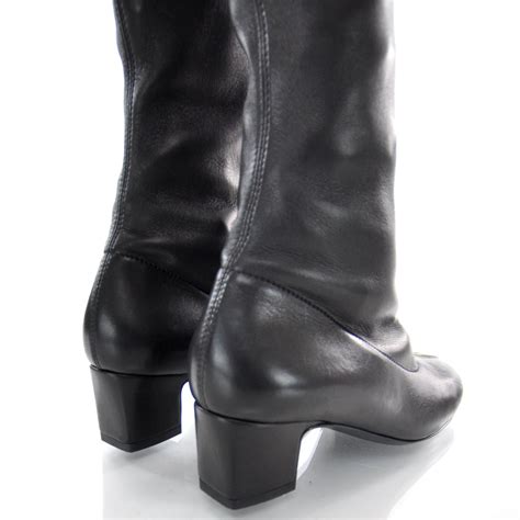 chanel leather over the knee boots|Chanel black canvas heel boots.